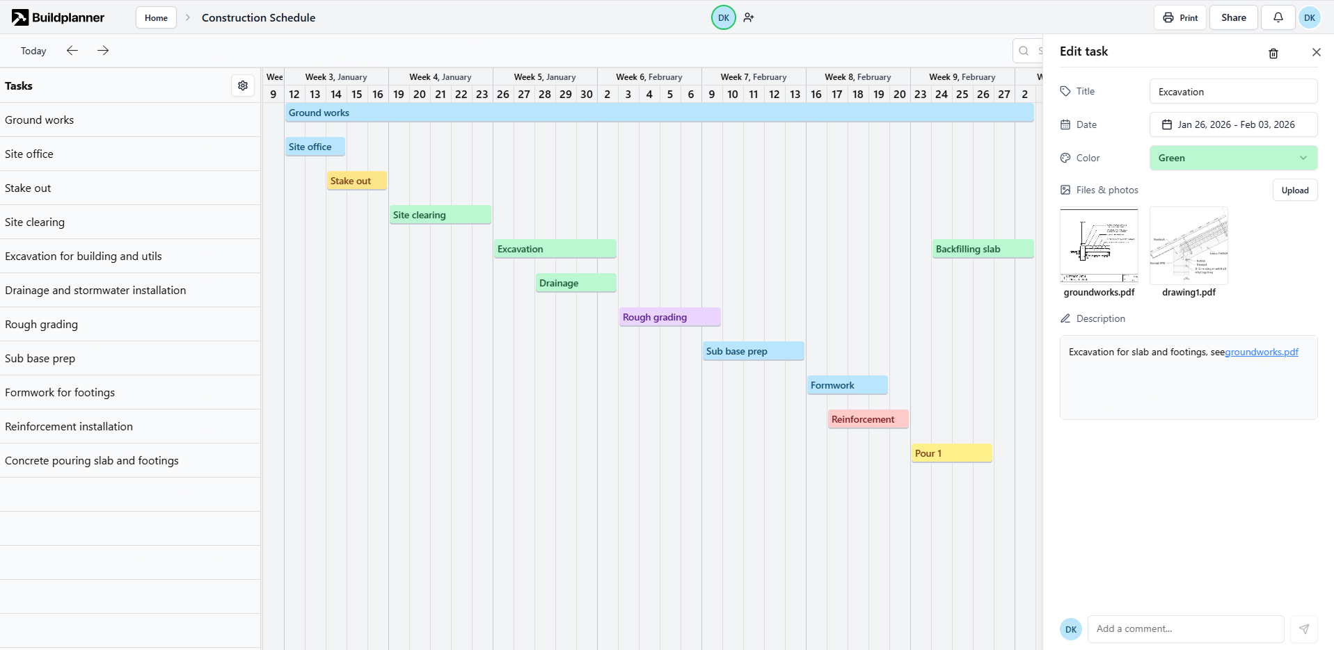 Buildplanner hero illustration showing a construction schedule dashboard