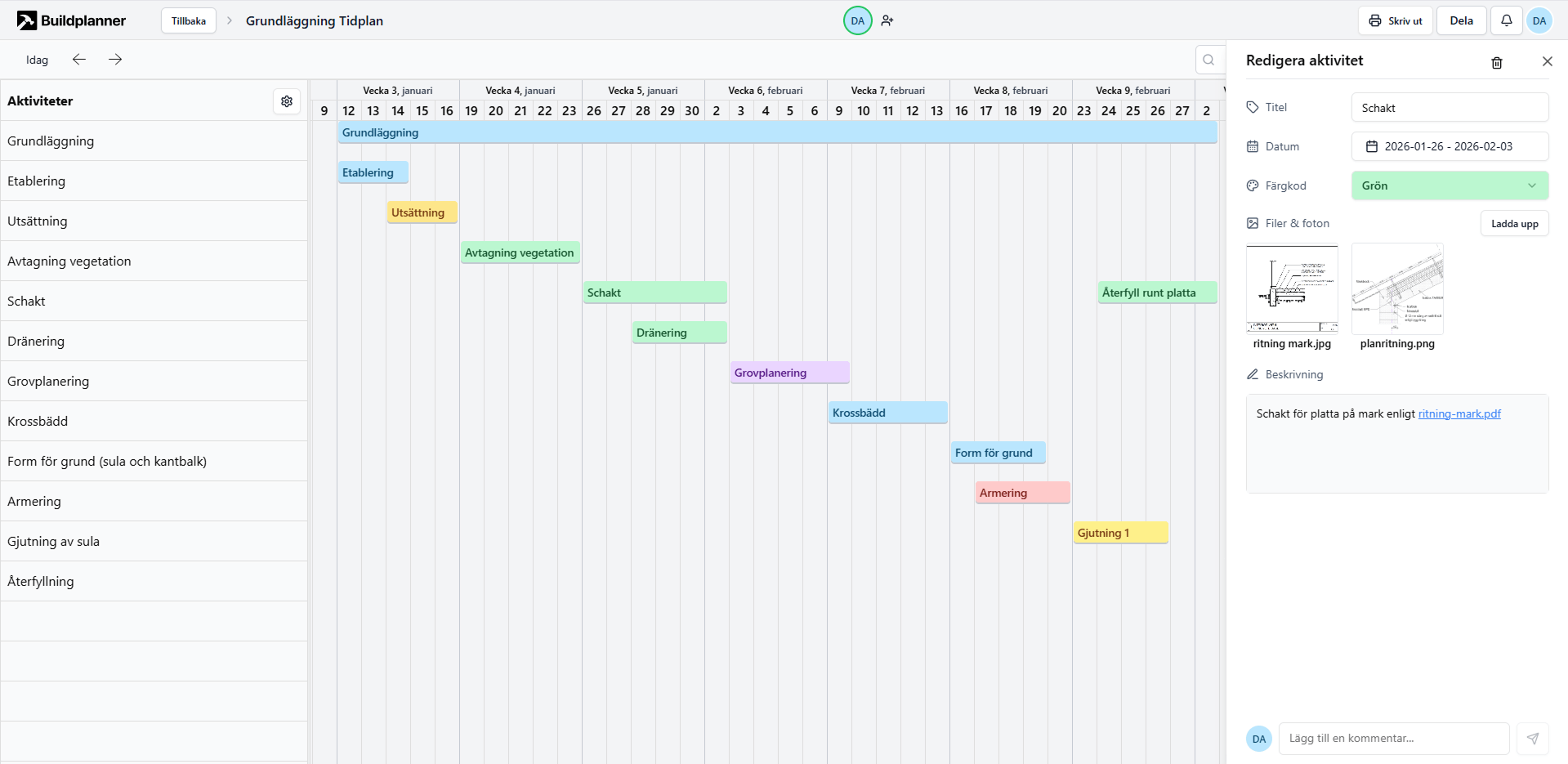 Illustration som visar Buildplanners tidsplaneringsgränssnitt
