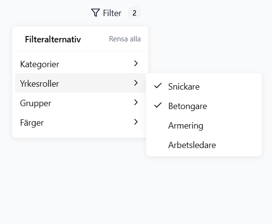 Filter menu for narrowing resources by category and trade—useful when machines and crews share the same plan.