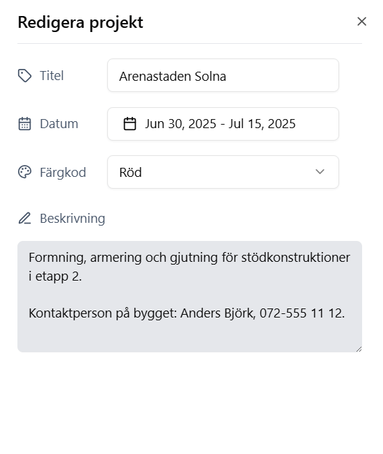 Project edit form with title, dates, colour, and description fields.